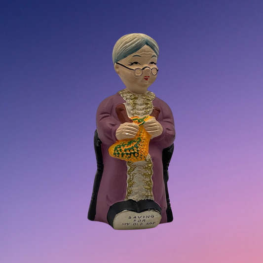 "Saving For My Old Age" Elderly Woman Knitting Ceramic Bank