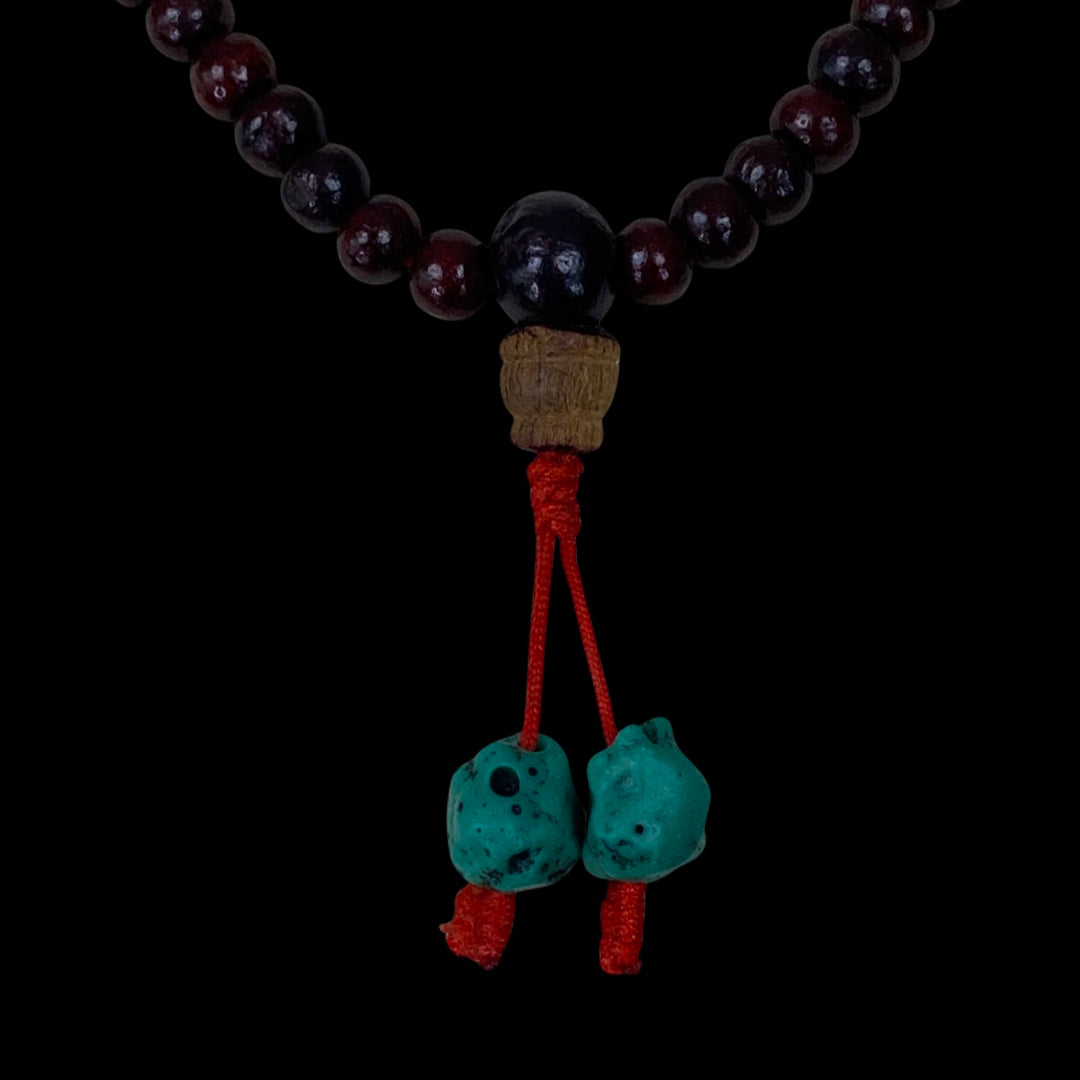 Wood Mala Bead and Turquoise-like Stone Necklace
