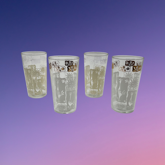 Hazel Atlas Gold Trim Sun and Chicken Motif Drinking Glasses (Set of 4)