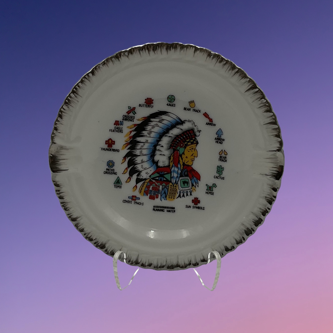 Native American Chief and Symbols Ceramic Porcelain Ashtray with Silver Trim