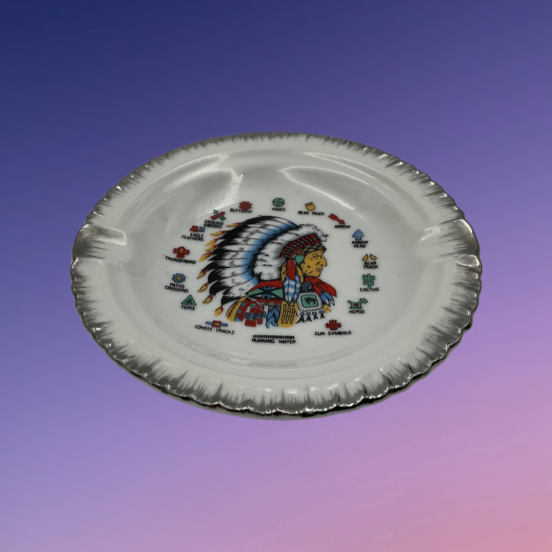 Native American Chief and Symbols Ceramic Porcelain Ashtray with Silver Trim