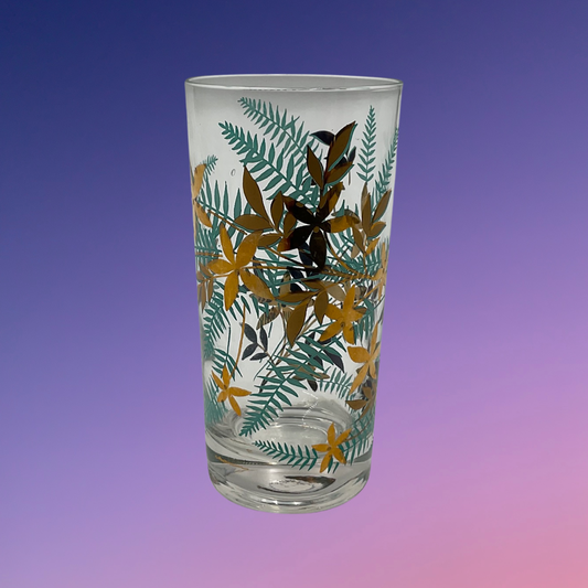 Libbey Turquoise Gold Trim Fern Motif Glass Tumbler