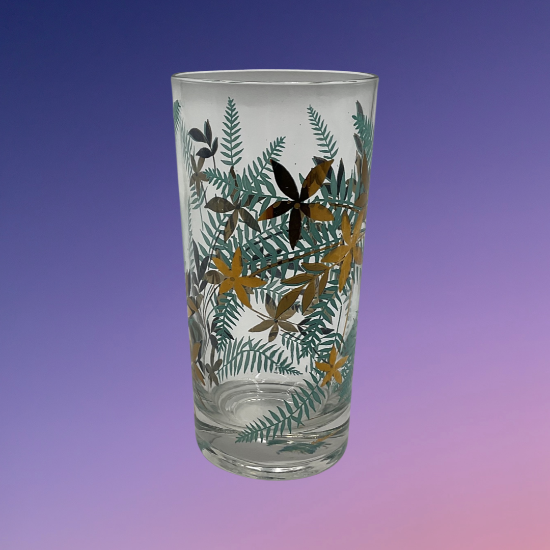 Libbey Turquoise Gold Trim Fern Motif Glass Tumbler