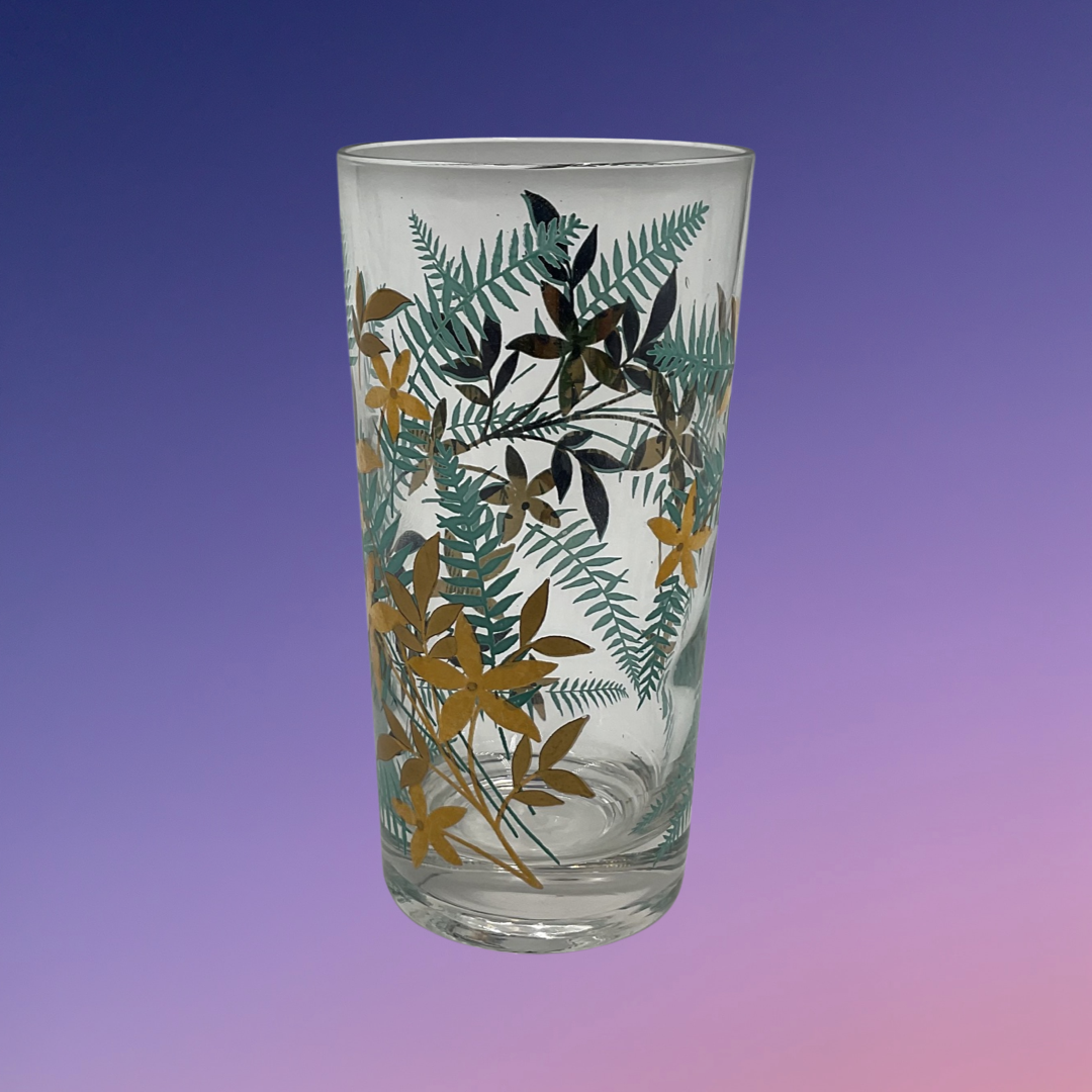 Libbey Turquoise Gold Trim Fern Motif Glass Tumbler