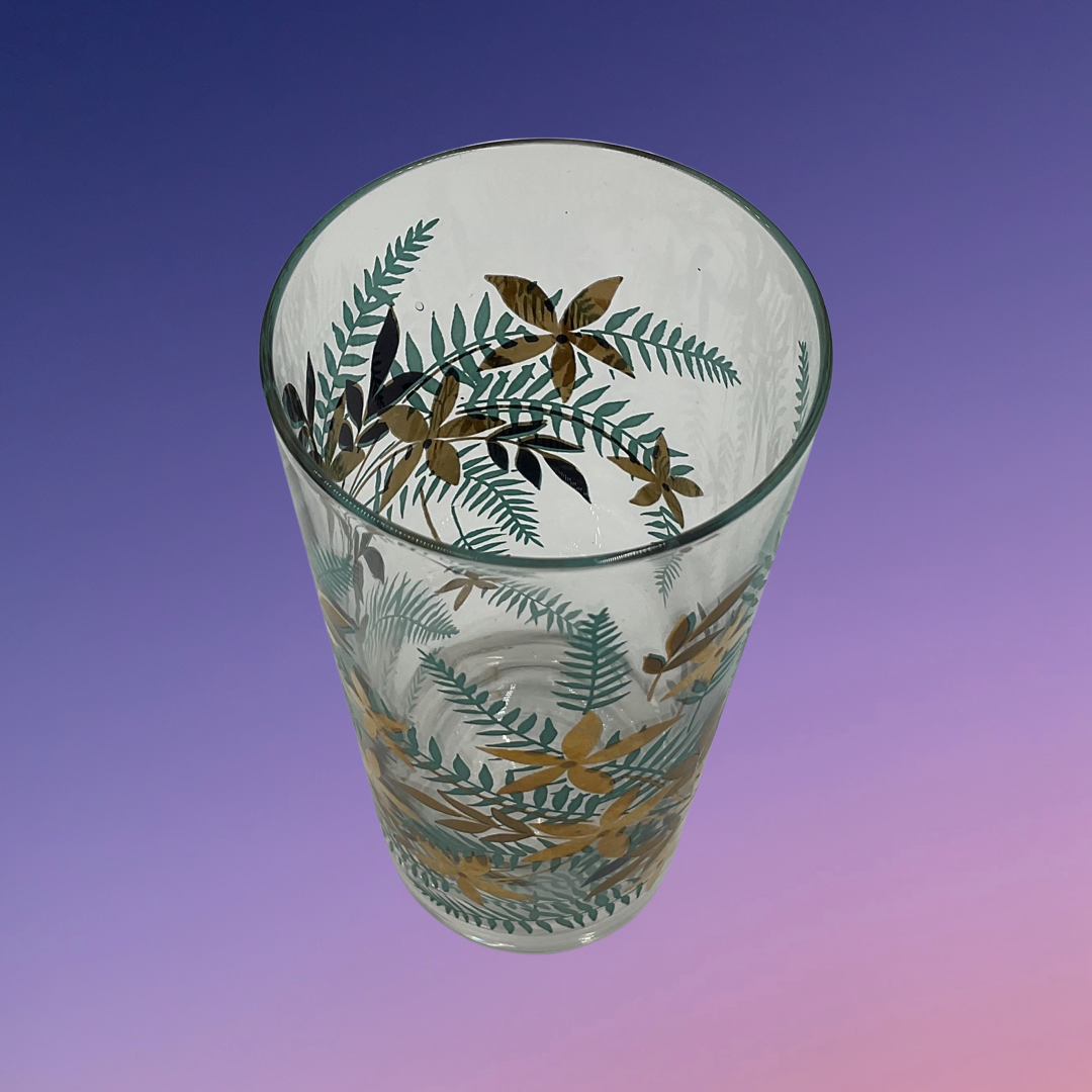 Libbey Turquoise Gold Trim Fern Motif Glass Tumbler