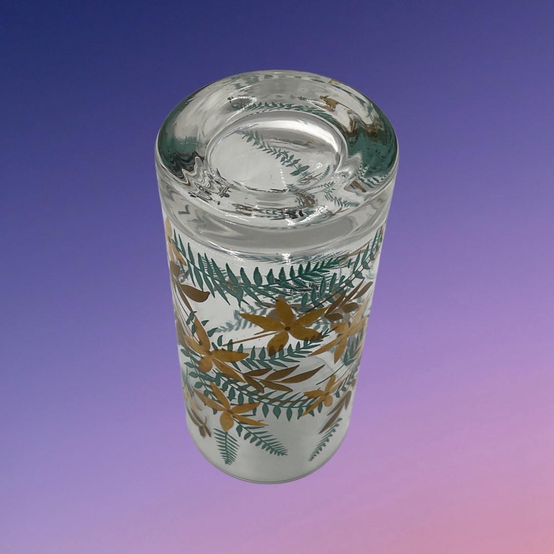 Libbey Turquoise Gold Trim Fern Motif Glass Tumbler