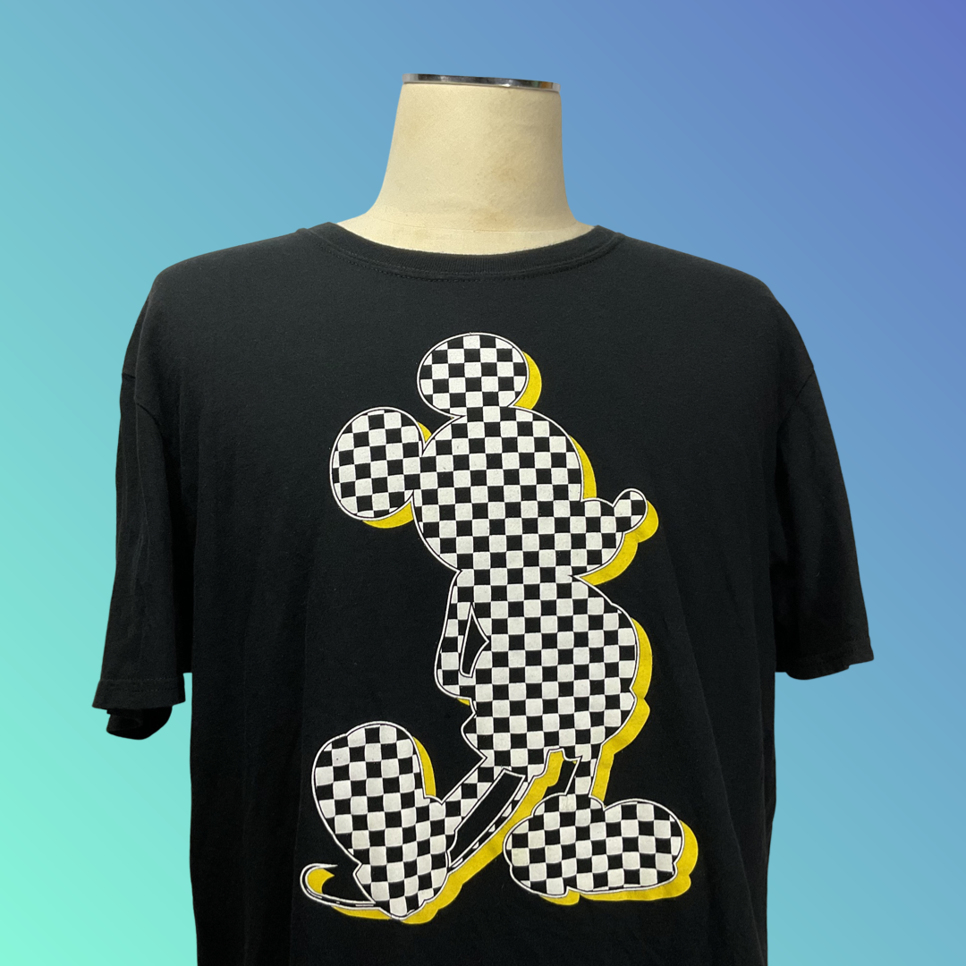 Disney Mickey Mouse Checkered Black T-Shirt (XL)