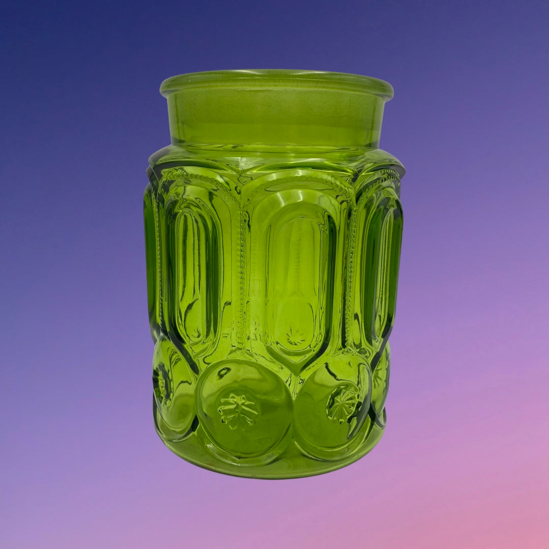 L.E. Smith Glass Moon and Star Green Large Canister