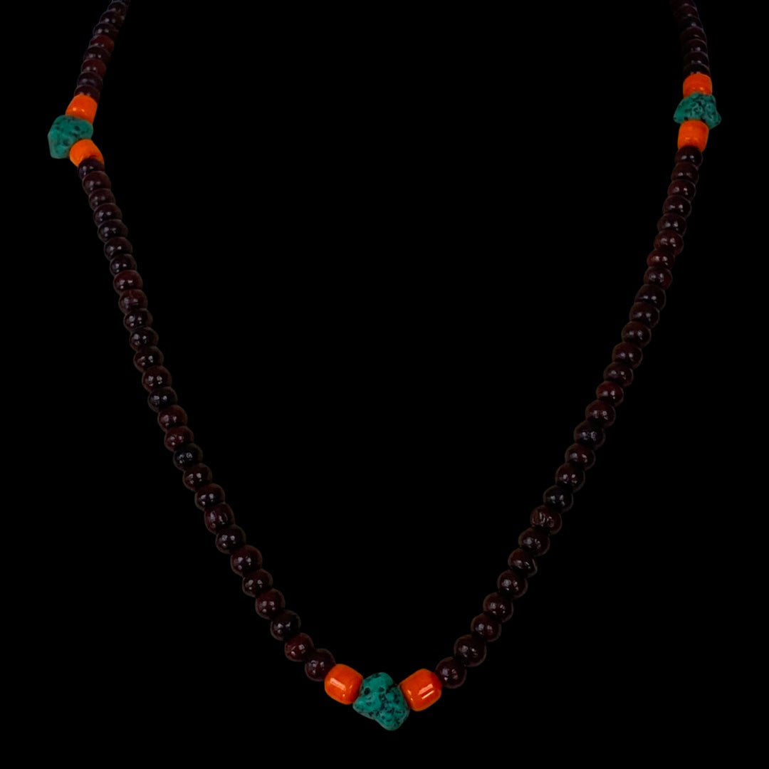 Wood Mala Bead and Turquoise-like Stone Necklace