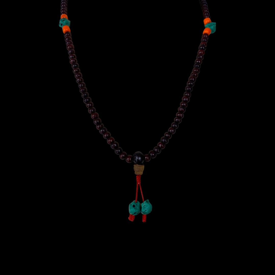 Wood Mala Bead and Turquoise-like Stone Necklace