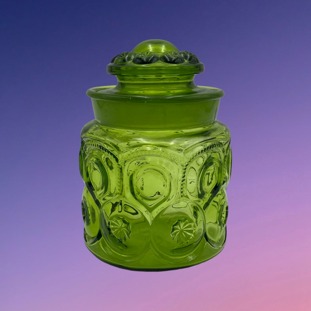 L.E. Smith Glass Moon and Star Green Medium Canister with Lid