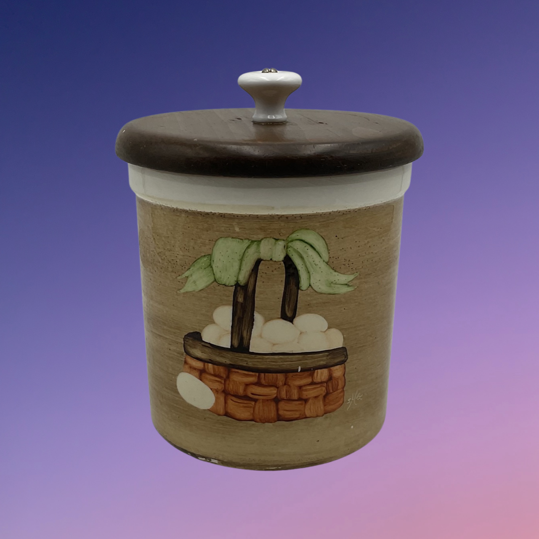 "Susie's Stuff" Egg Basket Crock with Wooden Lid